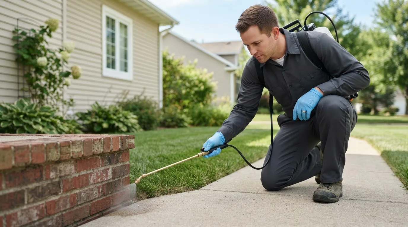 Pest control technician treating a home near New Douglas, IL