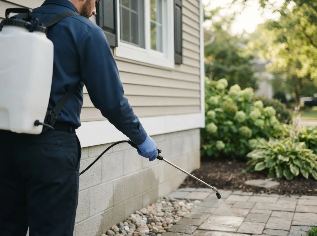 Pest control technician inspecting a home in New Douglas, IL